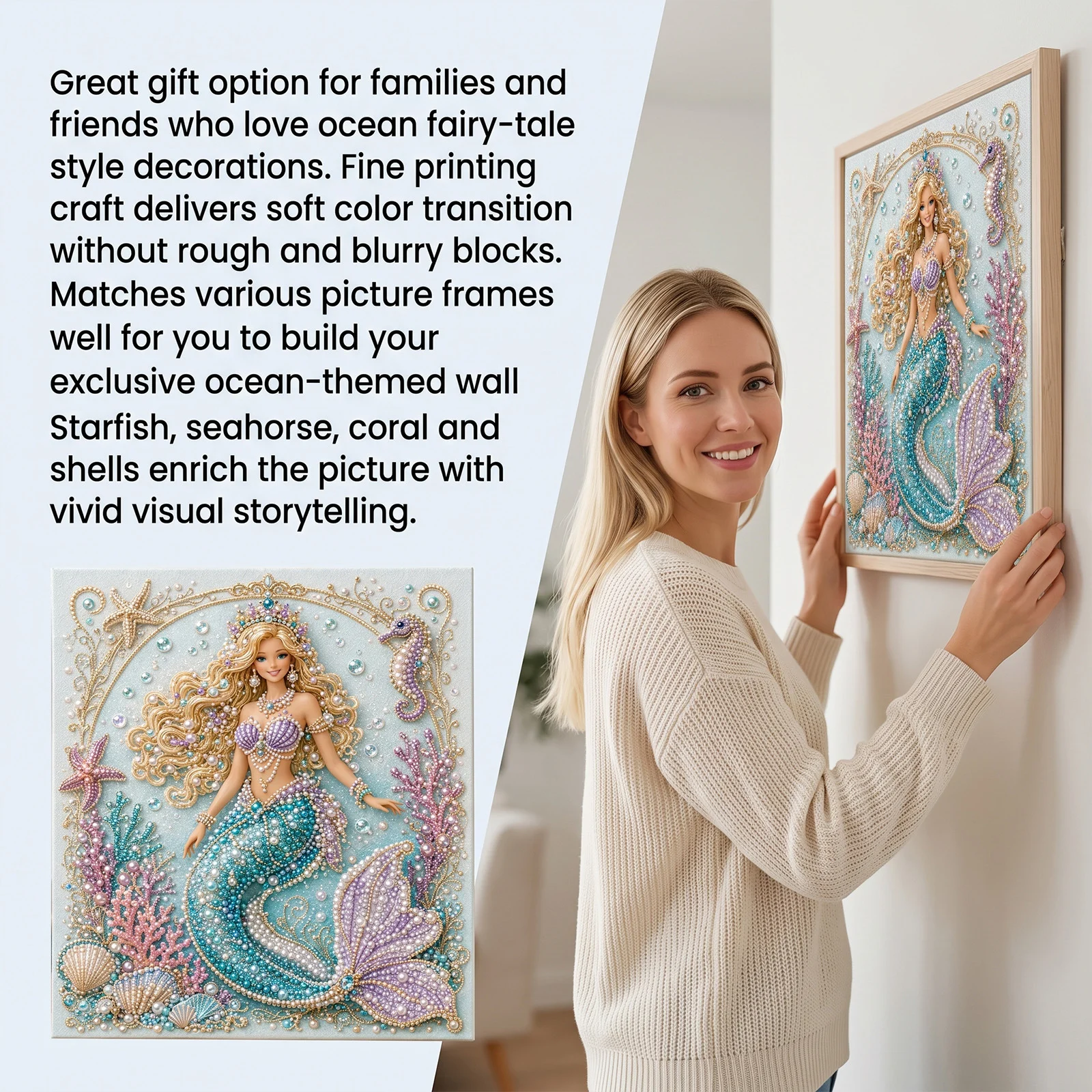 Marine Mermaid Pearl Rhinestone Decorative Painting, Handmade Creative Diamond Art — image 5