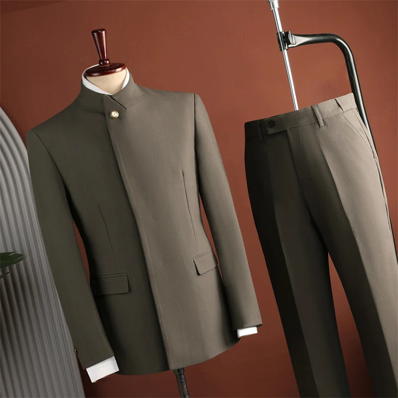 Men Black Mandarin Collar Two-piece Suit — image 2