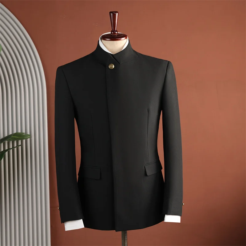 Men Black Mandarin Collar Two-piece Suit — image 4
