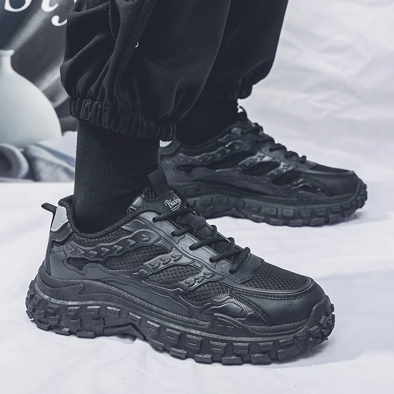 Men Black Safety Work Sneakers, Breathable Anti-slip Tire Sole Height Boost Dad Shoes — image 6