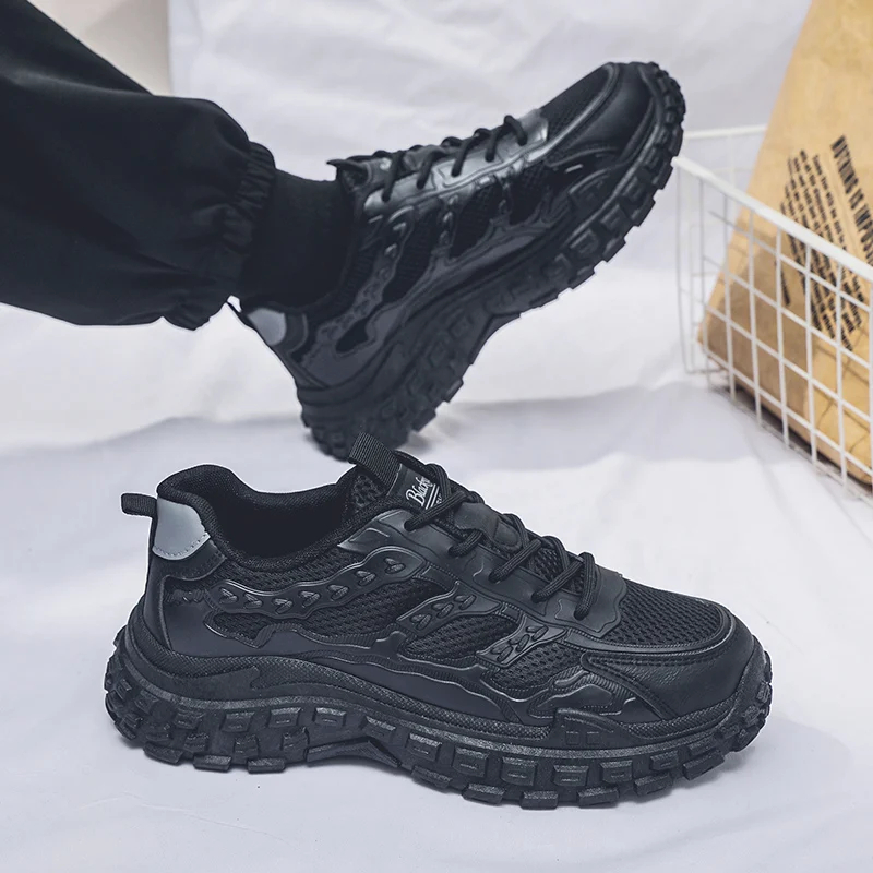 Men Black Safety Work Sneakers, Breathable Anti-slip Tire Sole Height Boost Dad Shoes — image 4