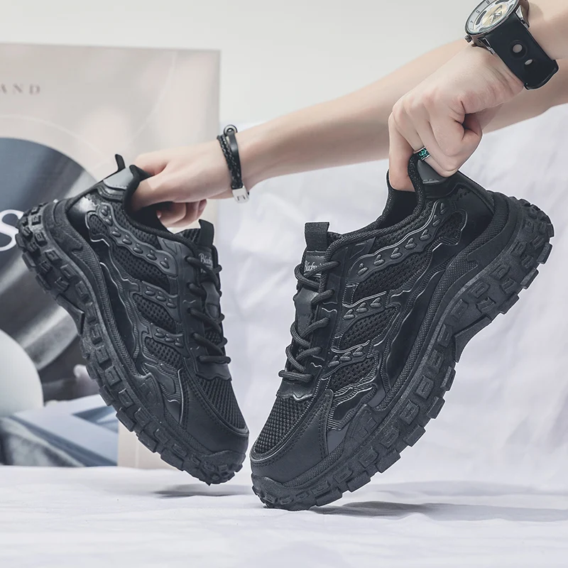 Men Black Safety Work Sneakers, Breathable Anti-slip Tire Sole Height Boost Dad Shoes — image 3