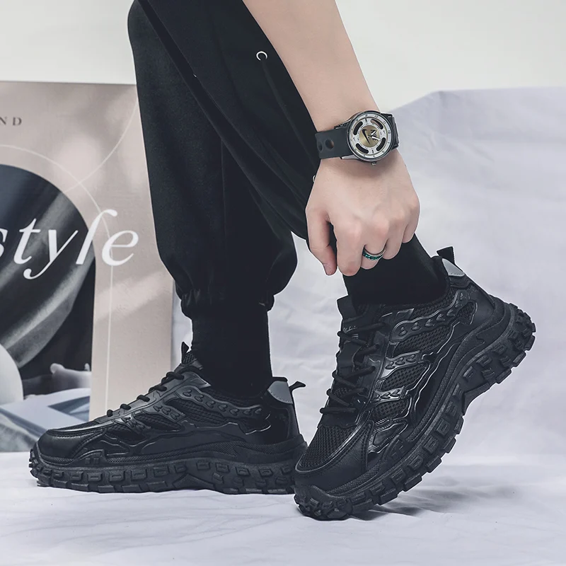Men Black Safety Work Sneakers, Breathable Anti-slip Tire Sole Height Boost Dad Shoes — image 5