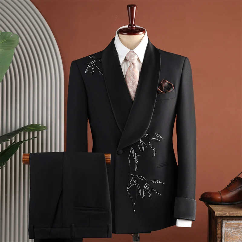 Men Black Shawl Lapel Bamboo-embroidered Tuxedo Two-piece Set — image 2