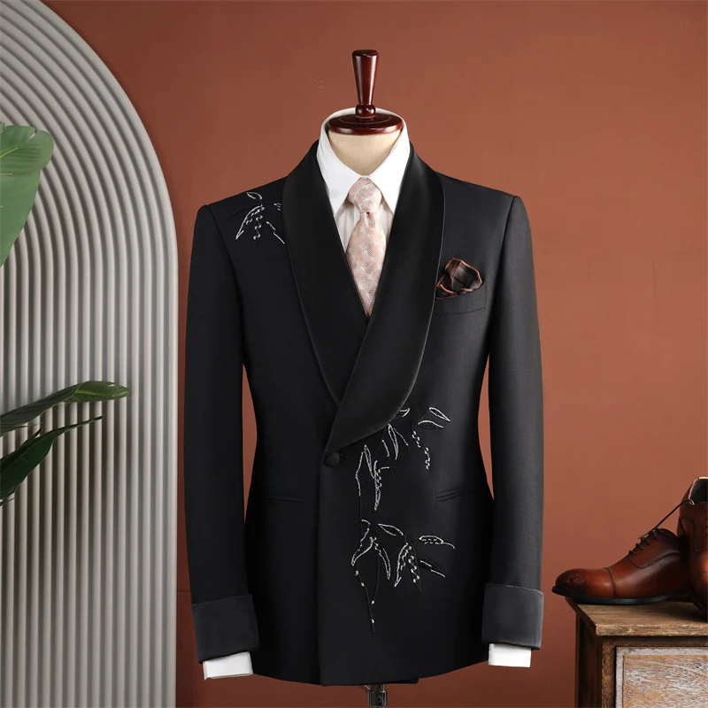 Men Black Shawl Lapel Bamboo-embroidered Tuxedo Two-piece Set — image 6