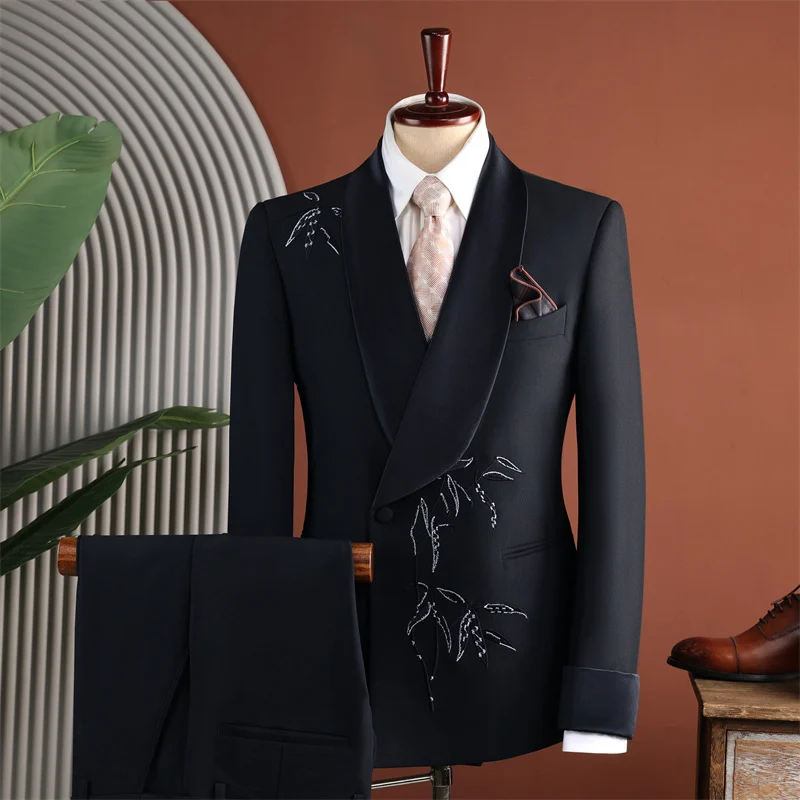Men Black Shawl Lapel Bamboo-embroidered Tuxedo Two-piece Set — image 4
