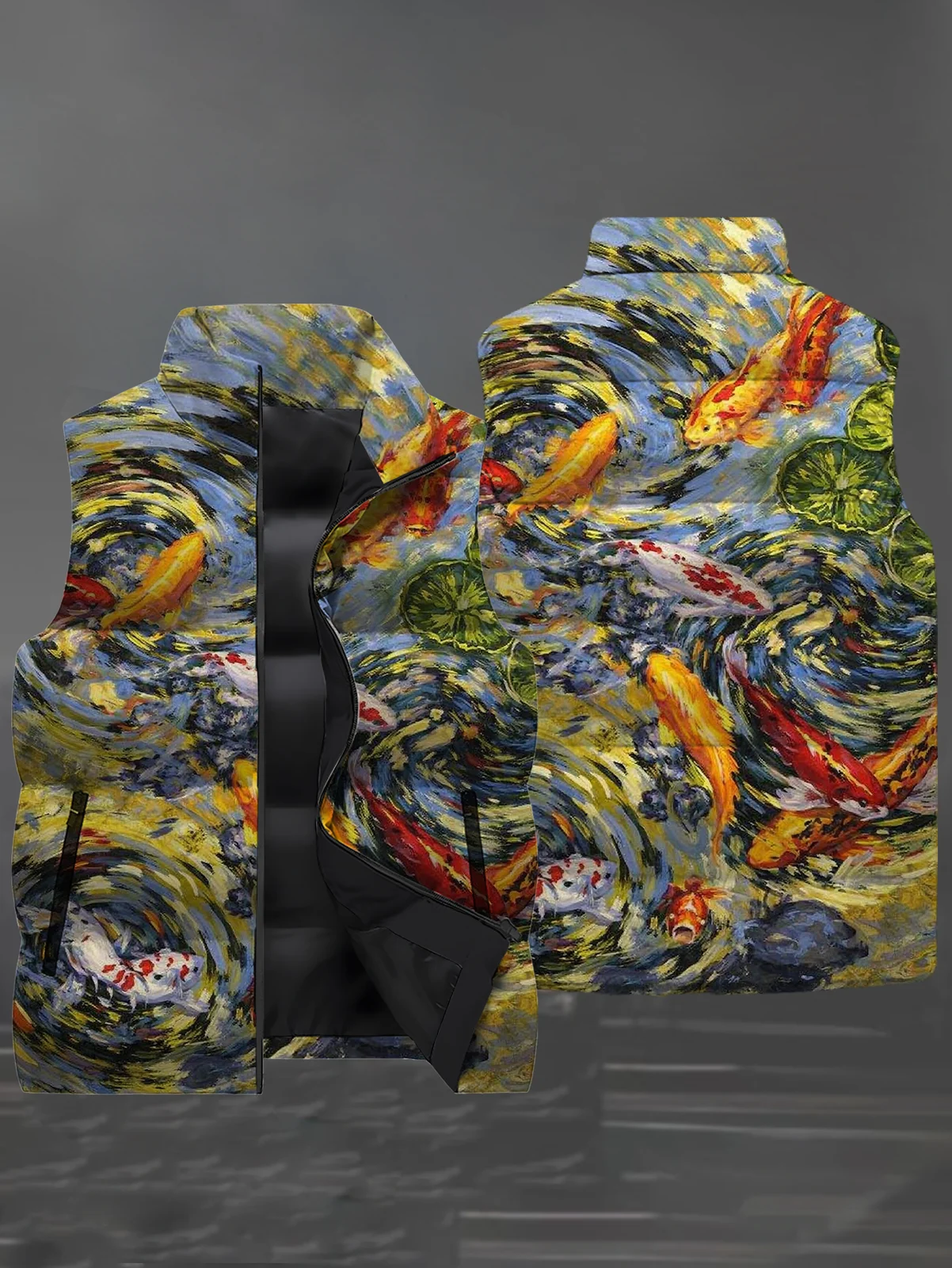 Men's 3D All Over Print Puffer Vest Van Gogh Style Koi Fish Oil Painting Sleeveless… — image 5