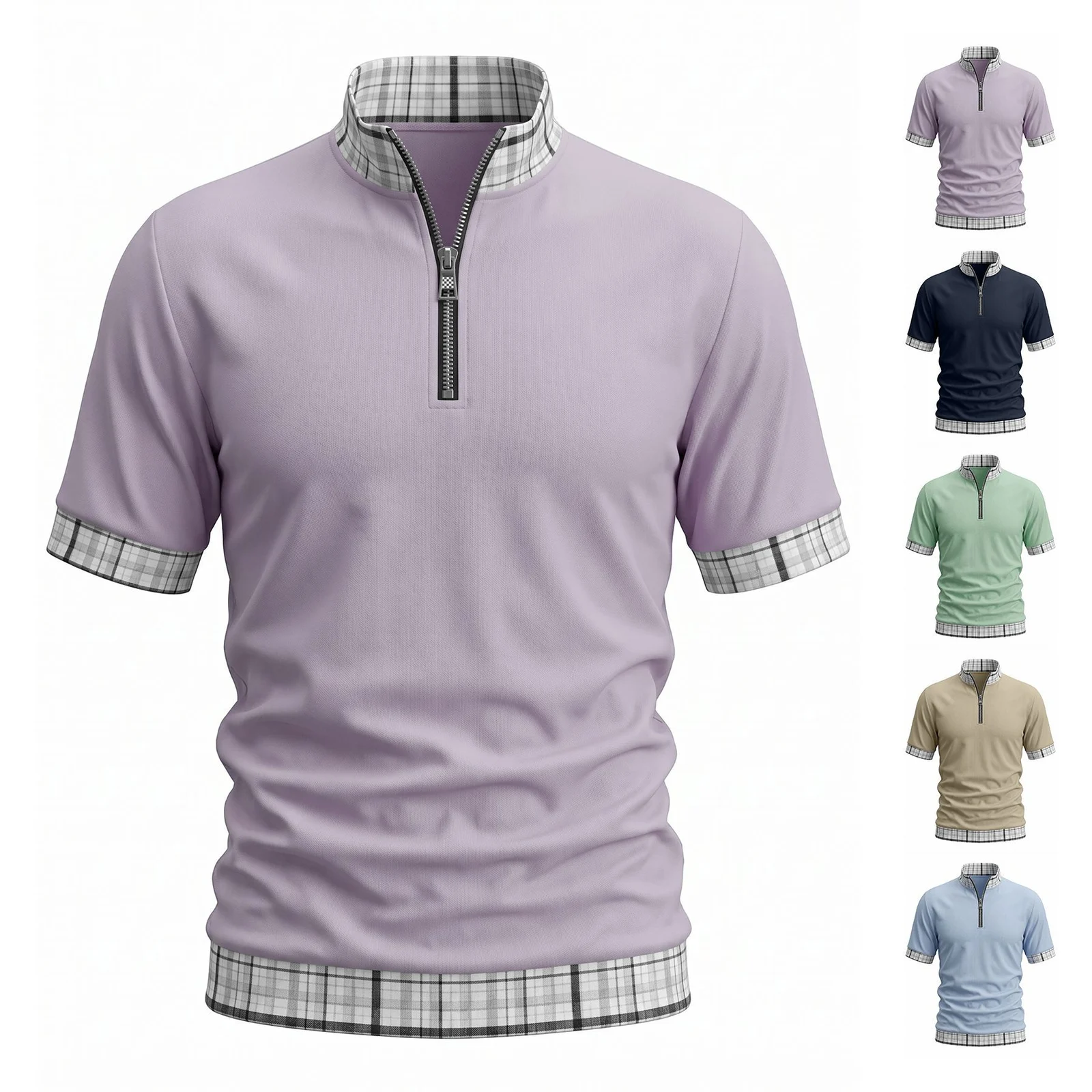Men's Cotton Fake Two Piece T Shirts, Half Zip Lapel Short Sleeve Spliced Breathable… — image 6