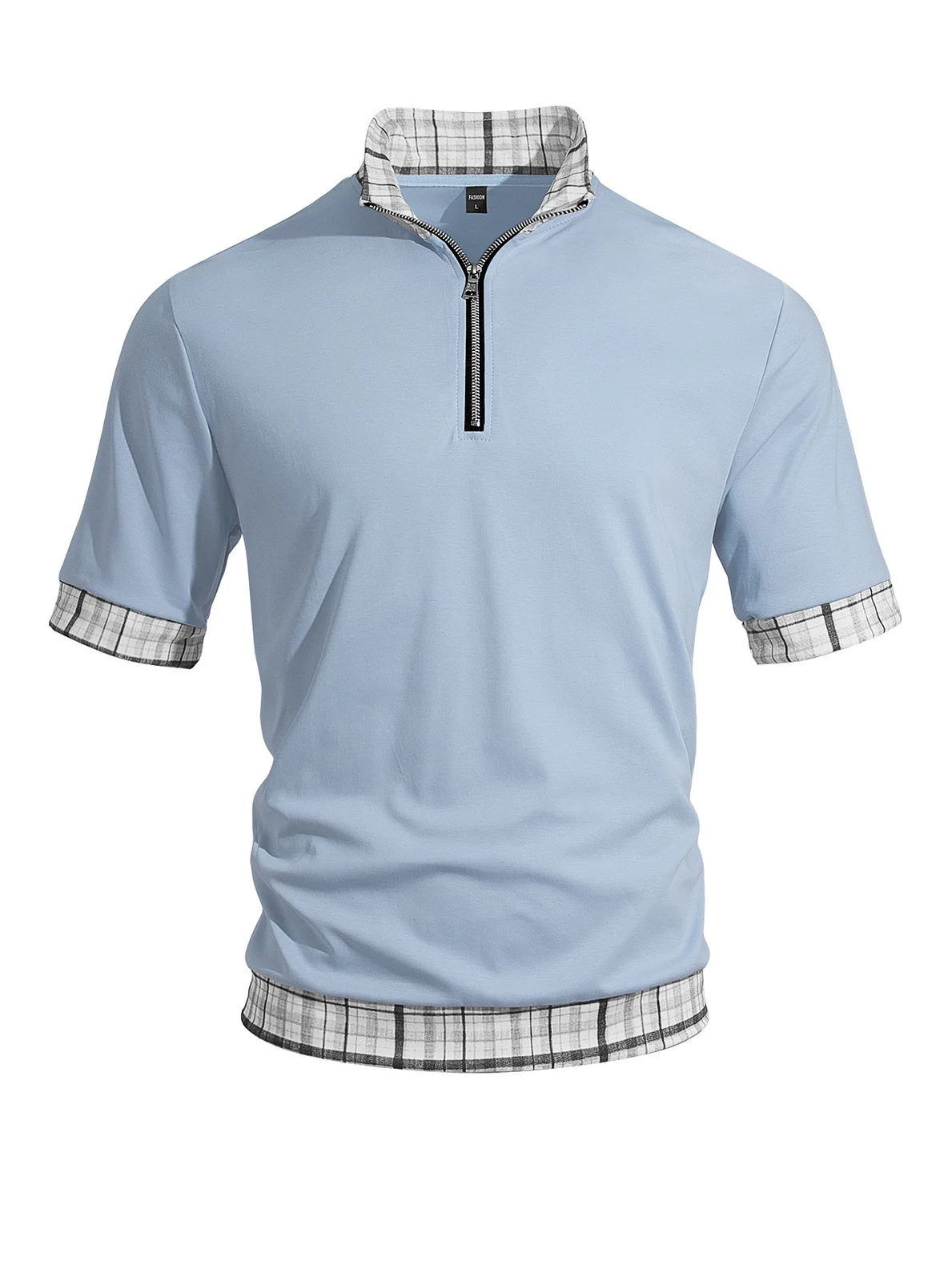 Men's Cotton Fake Two Piece T Shirts, Half Zip Lapel Short Sleeve Spliced Breathable… — image 5
