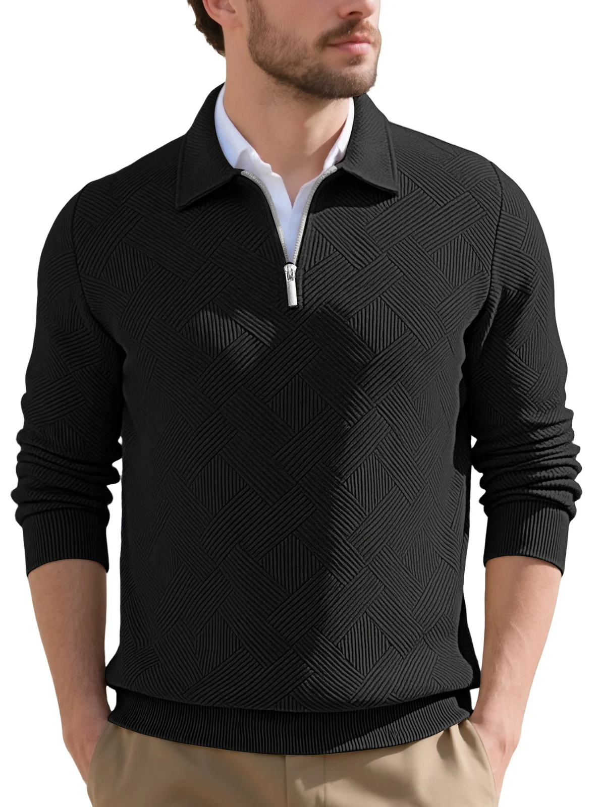 Men's European-size Jacquard Top Spring And Autumn New Long Sleeve Lapel Half Cardigan… — image 7