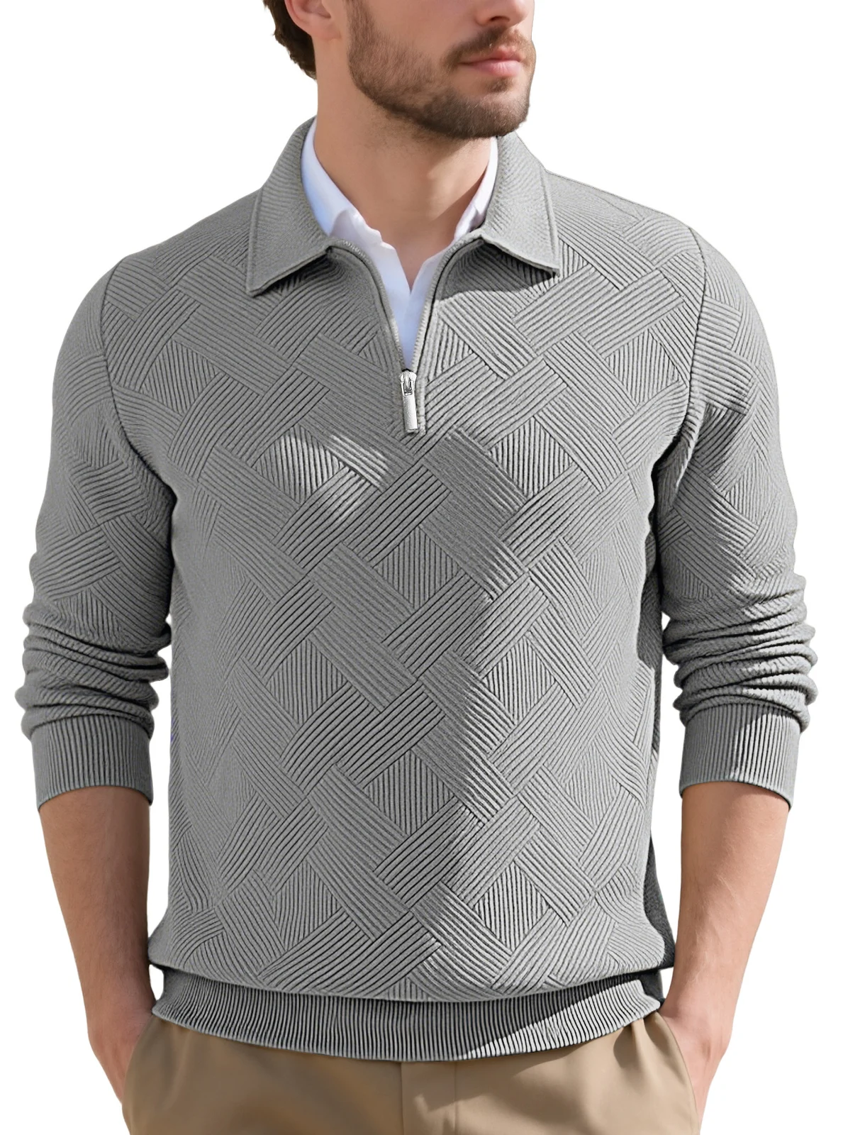 Men's European-size Jacquard Top Spring And Autumn New Long Sleeve Lapel Half Cardigan… — image 9