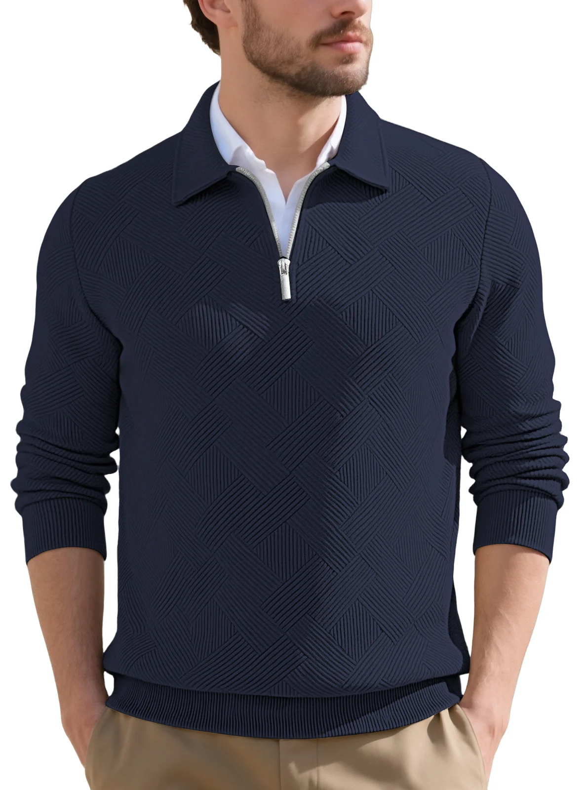Men's European-size Jacquard Top Spring And Autumn New Long Sleeve Lapel Half Cardigan… — image 2