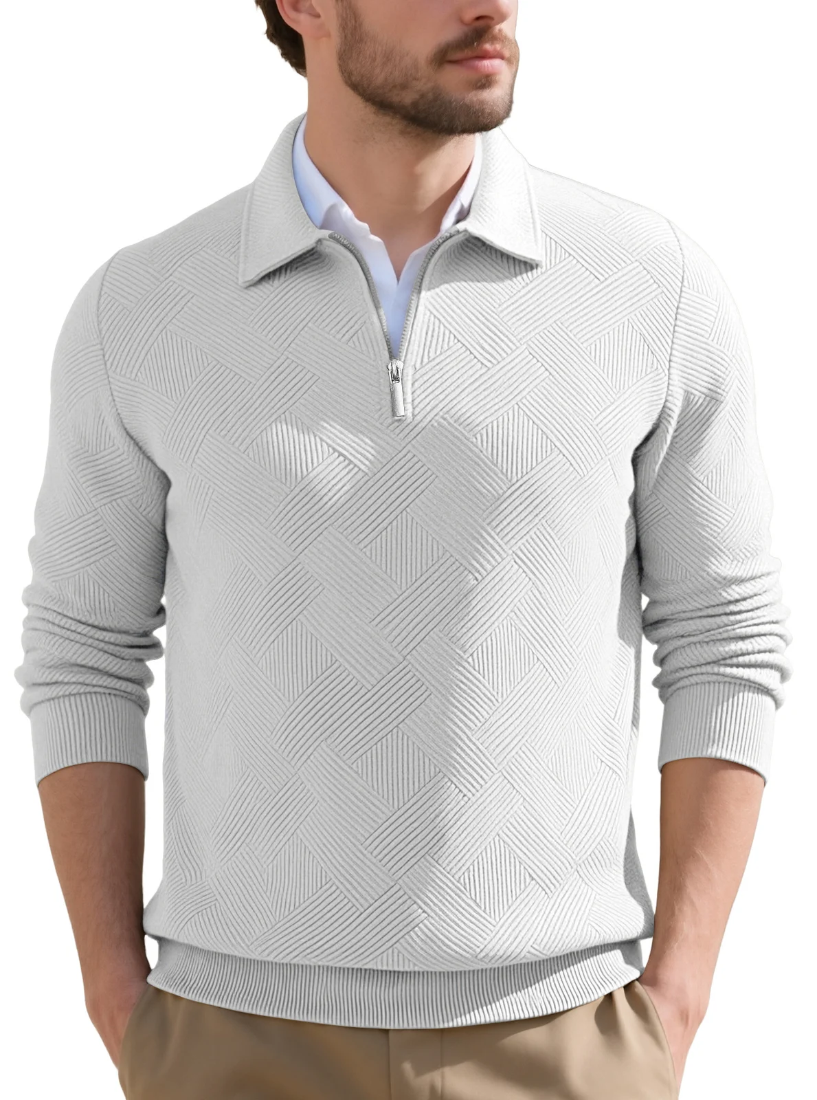 Men's European-size Jacquard Top Spring And Autumn New Long Sleeve Lapel Half Cardigan… — image 3