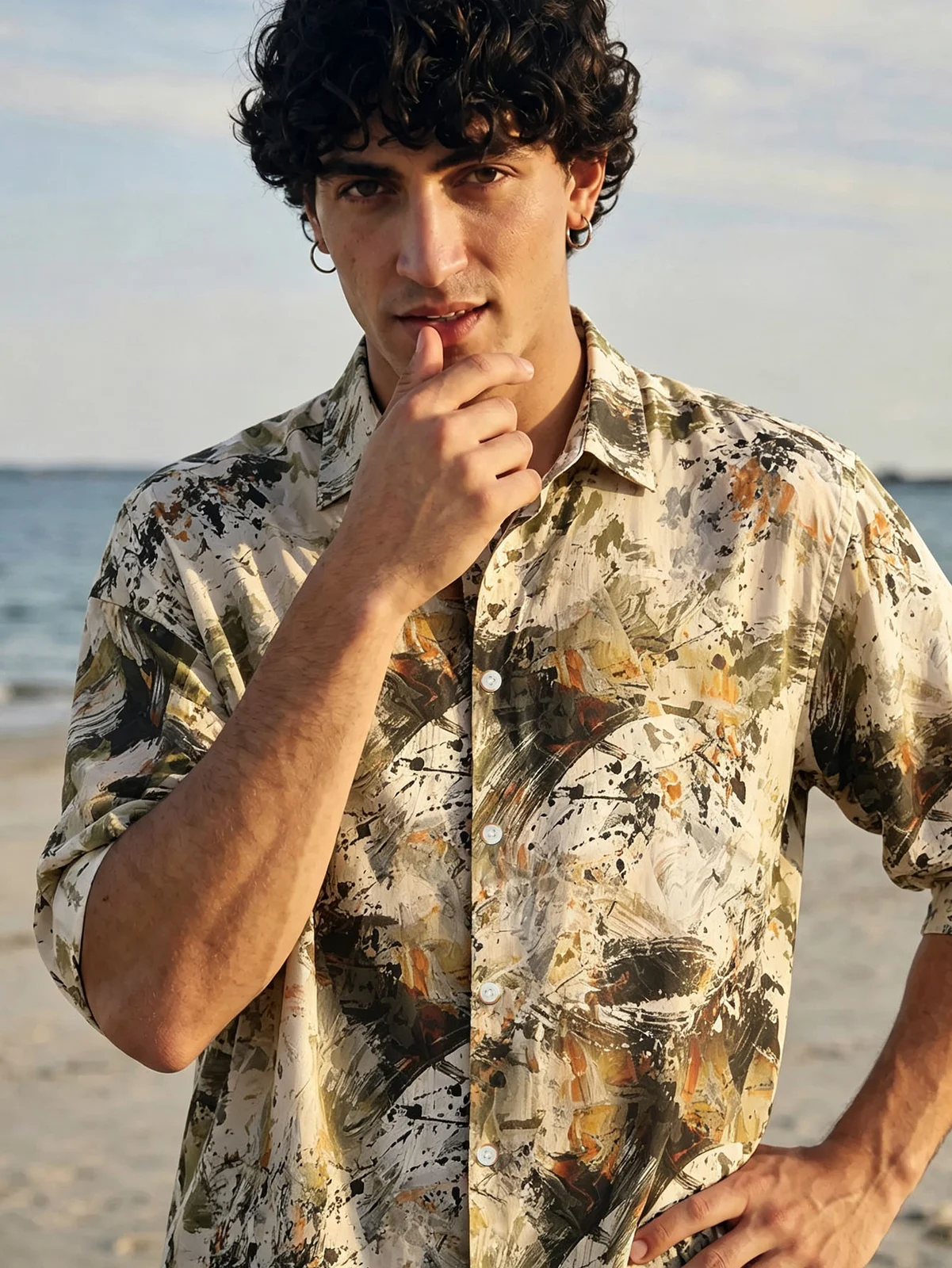 Men's Fashion Casual Shirt 6 Styles ,orange, Black, Green, Oil Painting — image 13