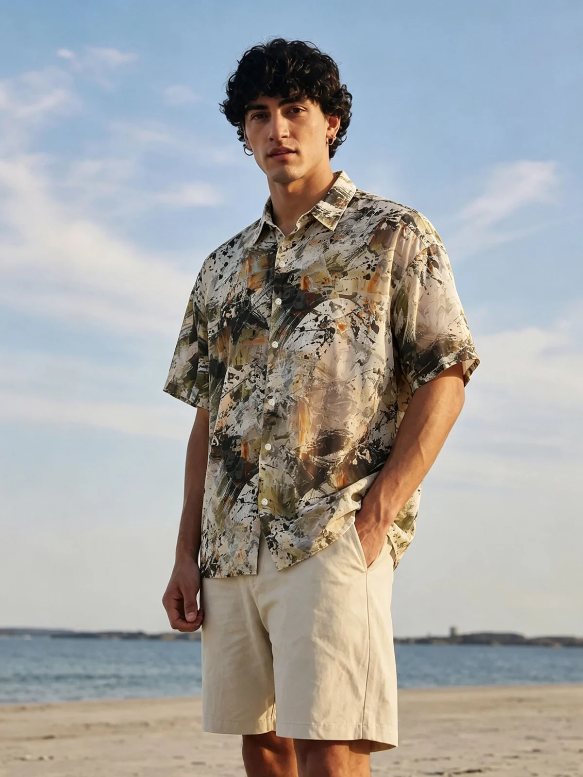Men's Fashion Casual Shirt 6 Styles ,orange, Black, Green, Oil Painting — image 4