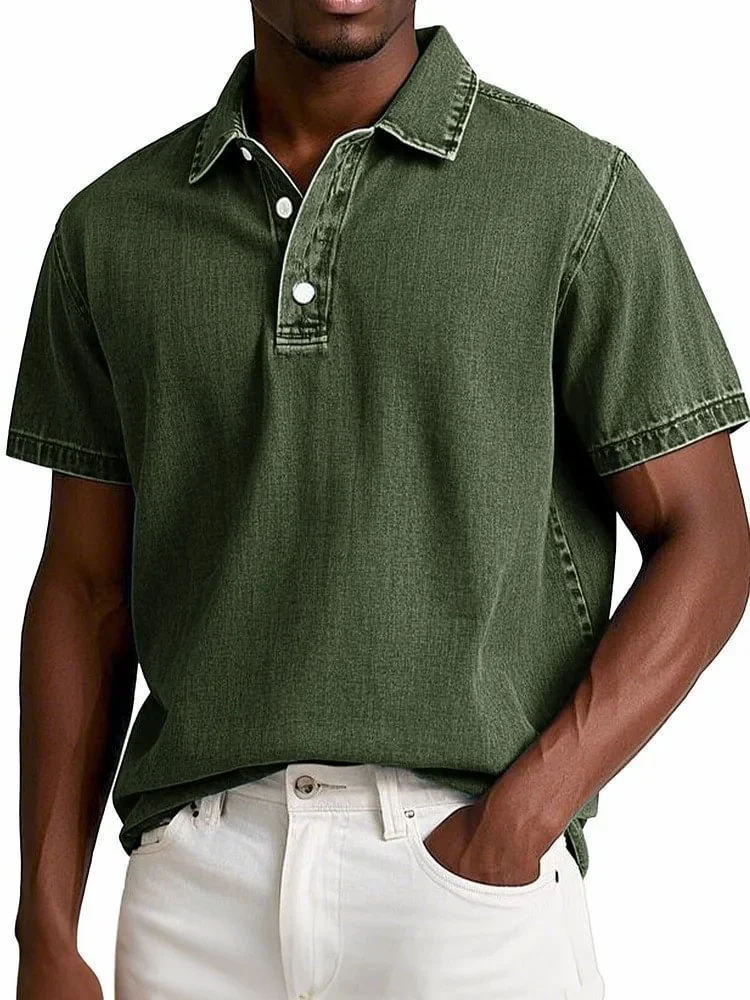 Men's Fashion Solid Color Retro Short Sleeve Lapel Polo Shirt — image 6