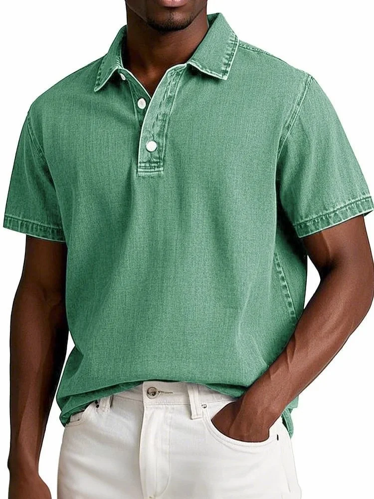Men's Fashion Solid Color Retro Short Sleeve Lapel Polo Shirt — image 9
