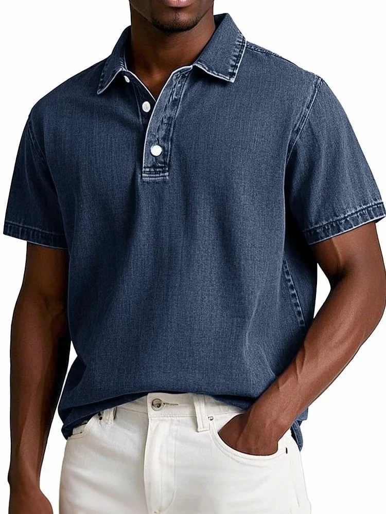 Men's Fashion Solid Color Retro Short Sleeve Lapel Polo Shirt — image 2
