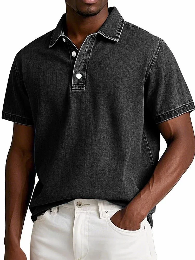 Men's Fashion Solid Color Retro Short Sleeve Lapel Polo Shirt — image 1