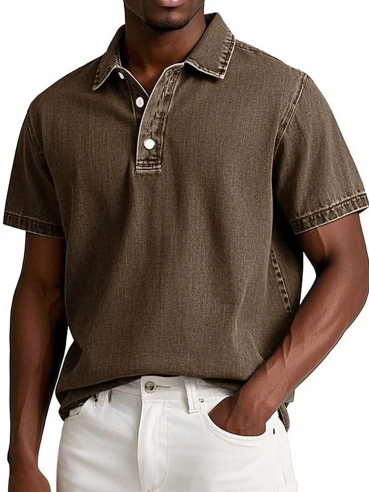 Men's Fashion Solid Color Retro Short Sleeve Lapel Polo Shirt — image 3