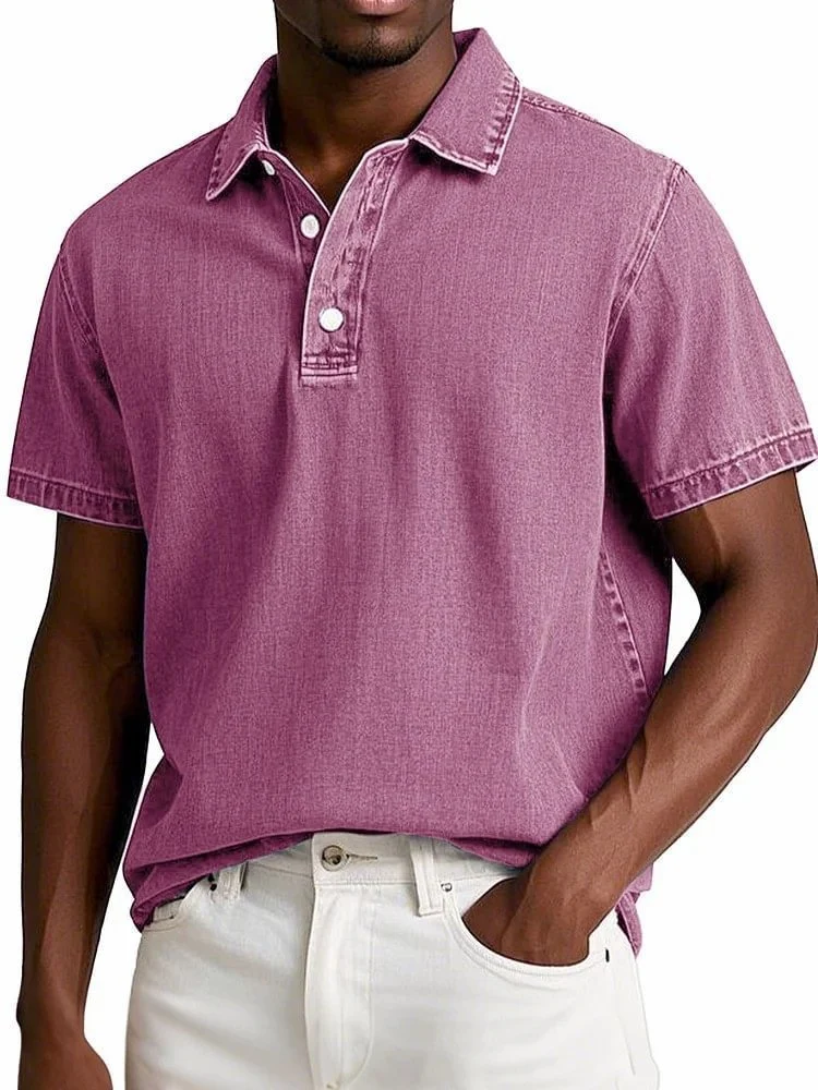 Men's Fashion Solid Color Retro Short Sleeve Lapel Polo Shirt — image 4
