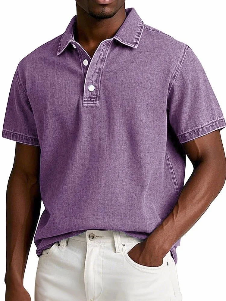 Men's Fashion Solid Color Retro Short Sleeve Lapel Polo Shirt — image 8