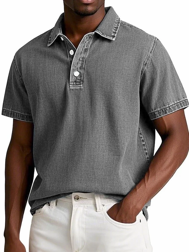 Men's Fashion Solid Color Retro Short Sleeve Lapel Polo Shirt — image 10