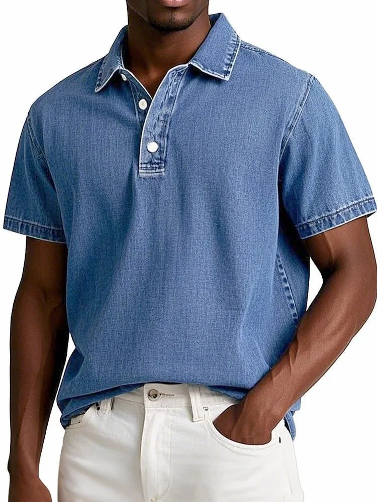Men's Fashion Solid Color Retro Short Sleeve Lapel Polo Shirt — image 5