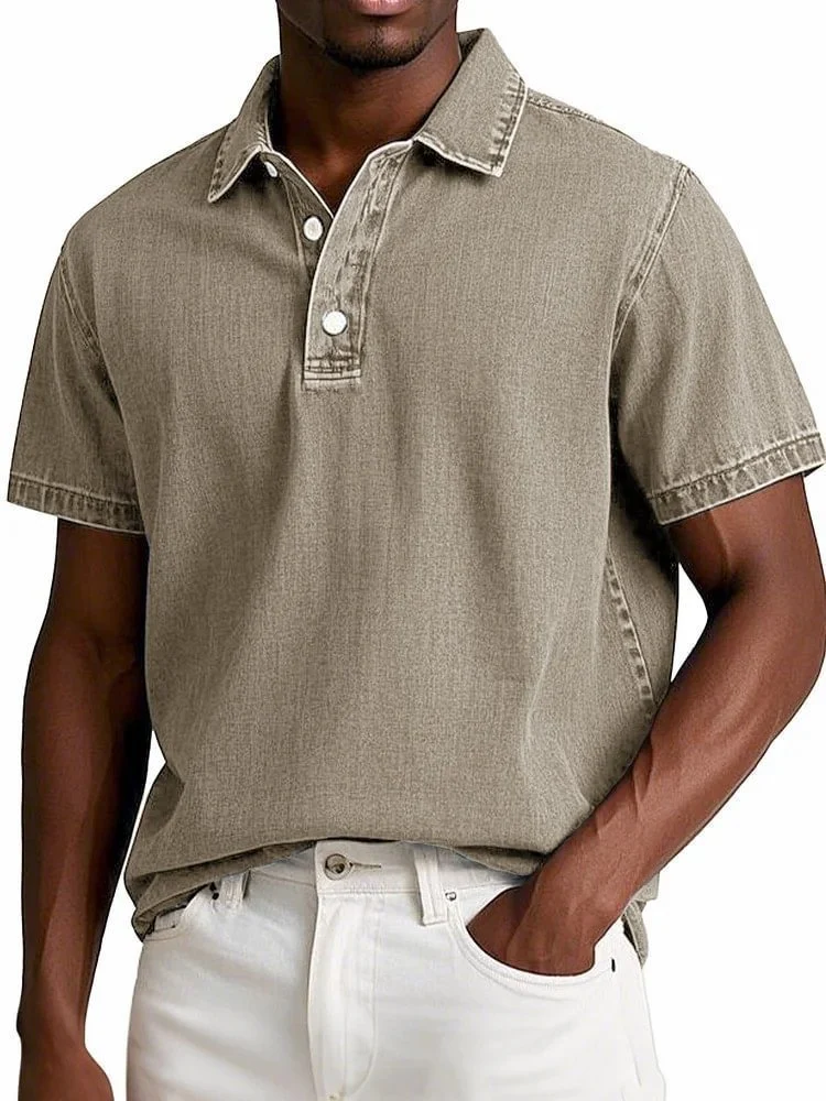 Men's Fashion Solid Color Retro Short Sleeve Lapel Polo Shirt — image 7