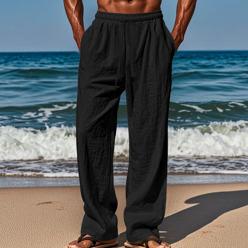 Men's Linen Cotton Loose Fit Casual Pants, Plus Size Solid Color Drawstring Waist Long… — image 10