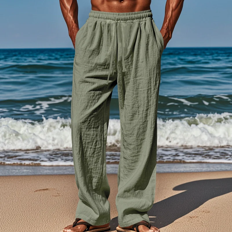 Men's Linen Cotton Loose Fit Casual Pants, Plus Size Solid Color Drawstring Waist Long… — image 11