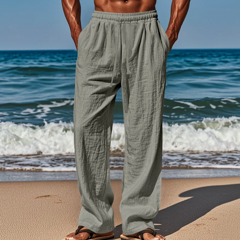 Men's Linen Cotton Loose Fit Casual Pants, Plus Size Solid Color Drawstring Waist Long… — image 12