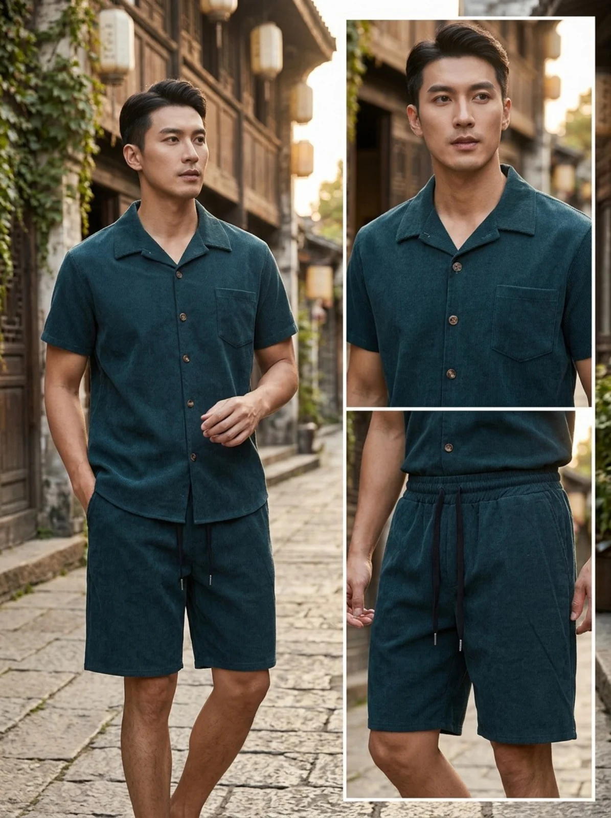 Men's Short-sleeved Shirt Solid Color Drawstring Shorts Two-piece Set — image 7