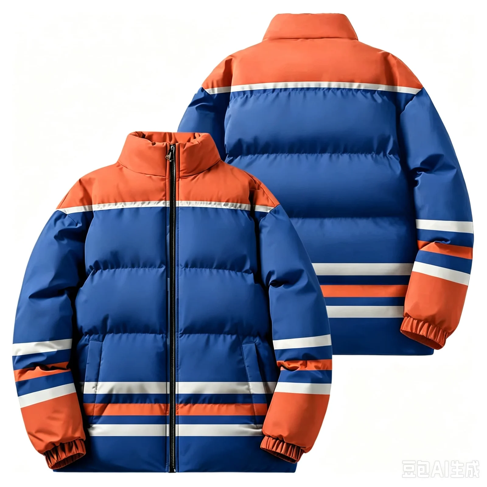 Men Winter Stand Collar Puffer Jacket Color Block Striped Patchwork Cotton Padded Coat… — image 3