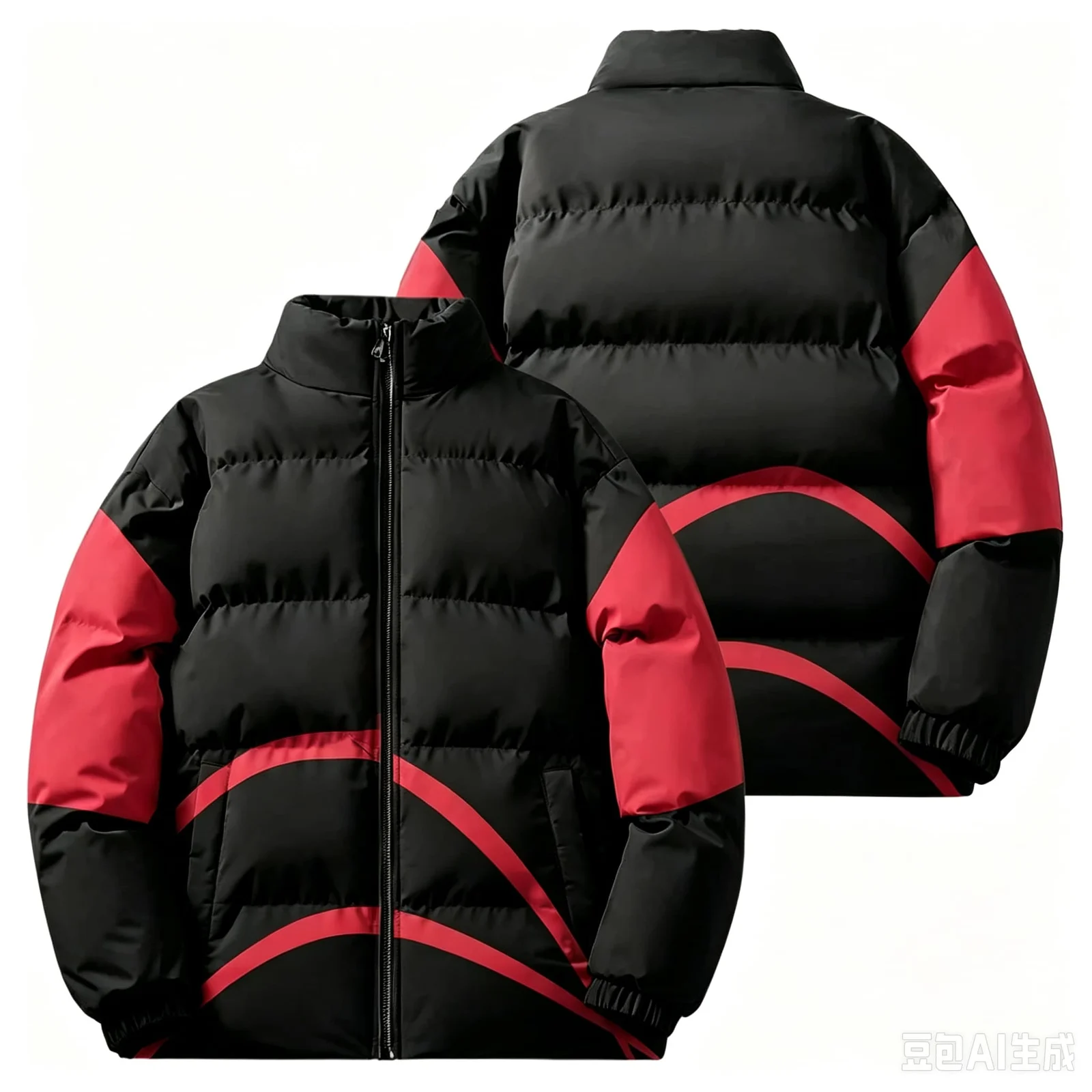 Men Winter Stand Collar Puffer Jacket Color Block Striped Patchwork Cotton Padded Coat… — image 2