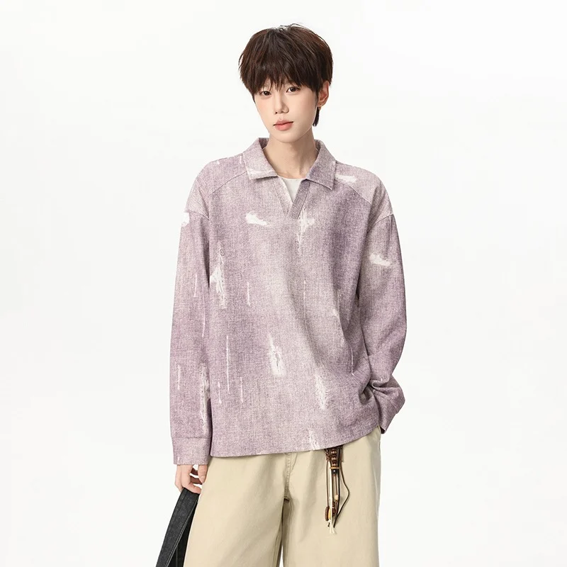 Mens Autumn Loose-fit Casual Polo Shirt With A Mock Two-piece Design And V-neck — image 4
