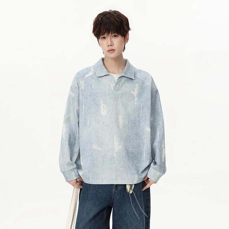 Mens Autumn Loose-fit Casual Polo Shirt With A Mock Two-piece Design And V-neck — image 6