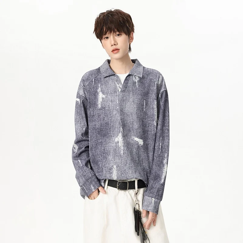 Mens Autumn Loose-fit Casual Polo Shirt With A Mock Two-piece Design And V-neck — image 5