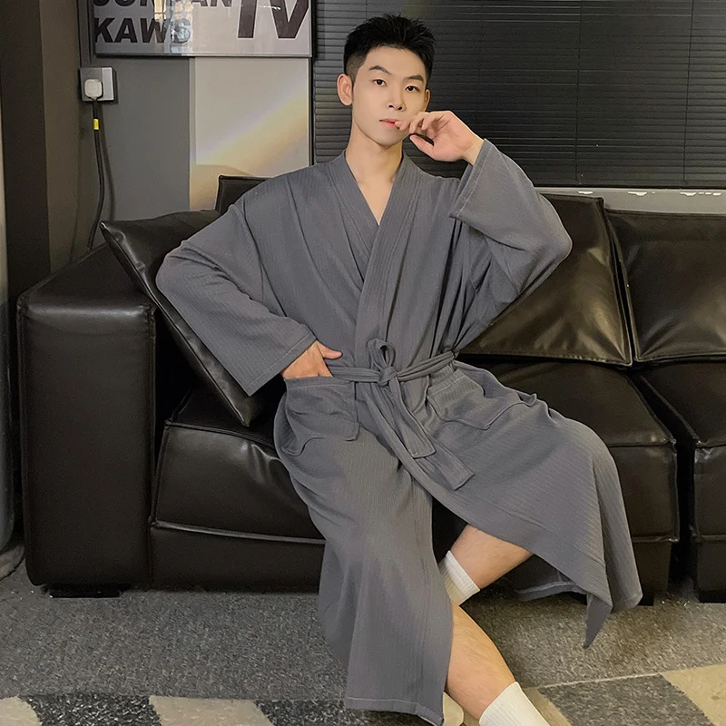 Mens Autumn Winter Solid-color Belted Cardigan Robe — image 4