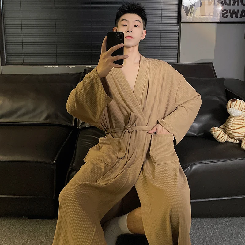 Mens Autumn Winter Solid-color Belted Cardigan Robe — image 5