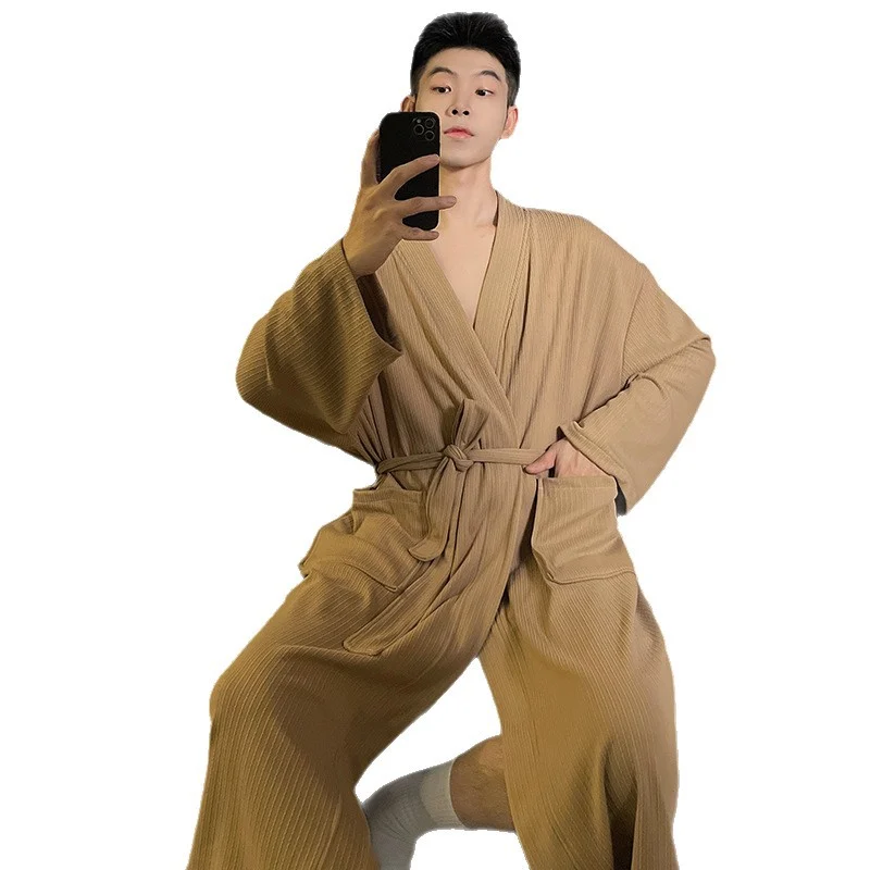 Mens Autumn Winter Solid-color Belted Cardigan Robe — image 3