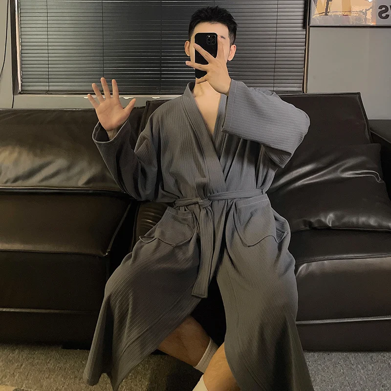 Mens Autumn Winter Solid-color Belted Cardigan Robe — image 2