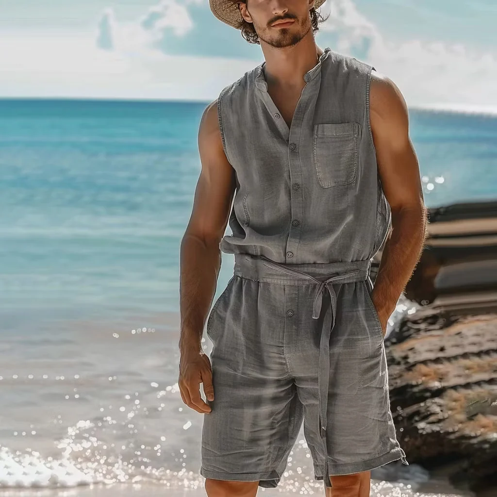 Mens Buttoned One-piece Nap Vest And Shorts Set — image 1