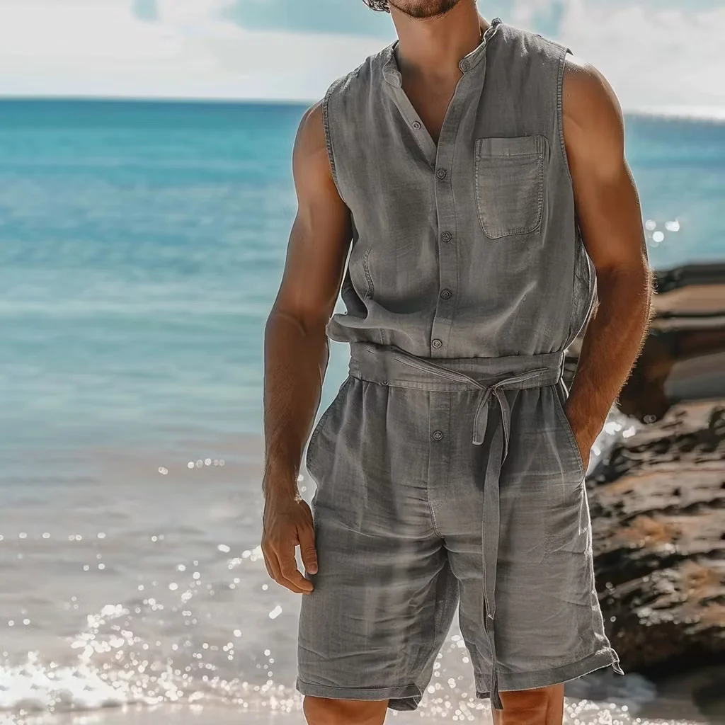 Mens Buttoned One-piece Nap Vest And Shorts Set — image 3