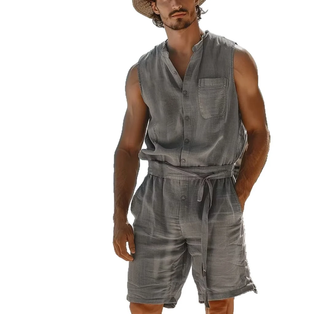 Mens Buttoned One-piece Nap Vest And Shorts Set — image 2
