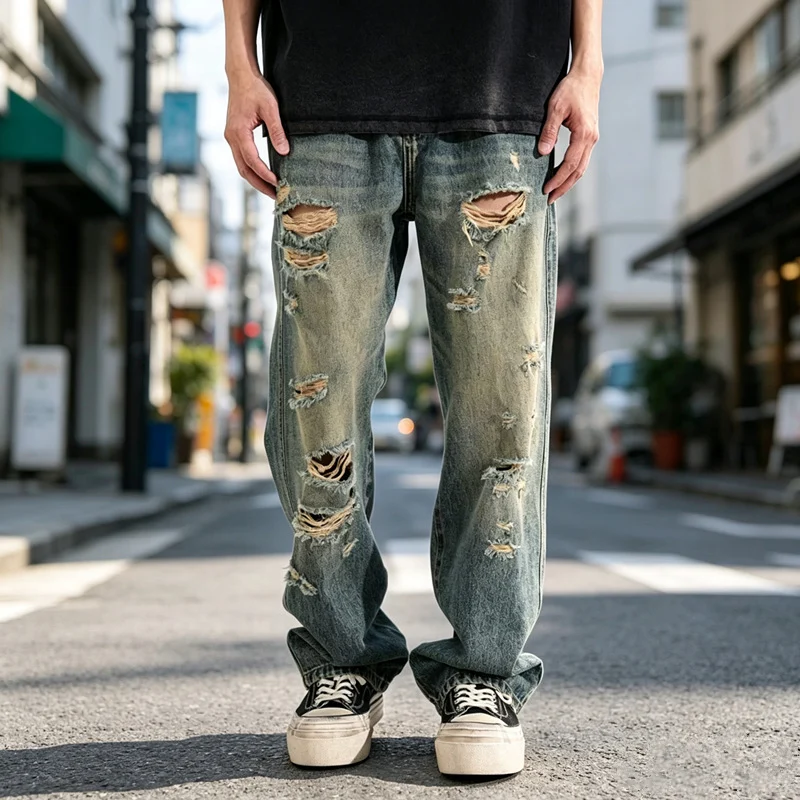 Mens Distressed Baggy Casual Pants With Rips — image 1