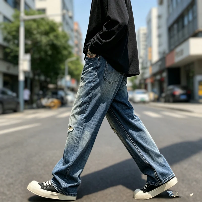 Mens Distressed Washed Ripped Baggy Straight Leg Denim Jeans — image 1