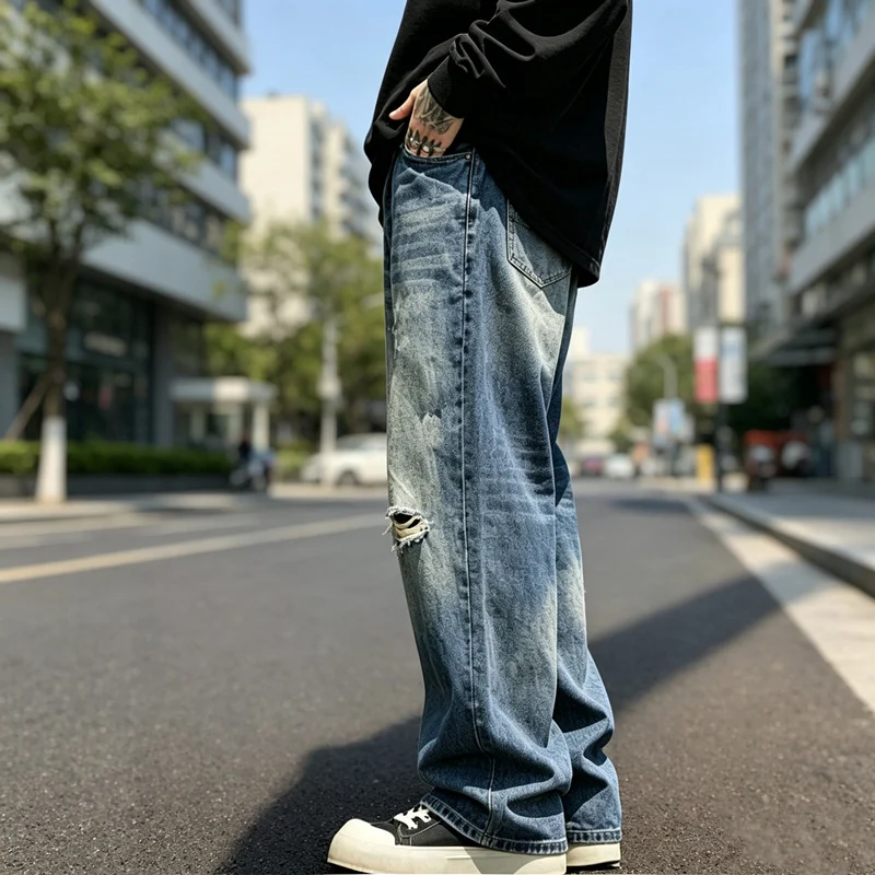 Mens Distressed Washed Ripped Baggy Straight Leg Denim Jeans — image 4