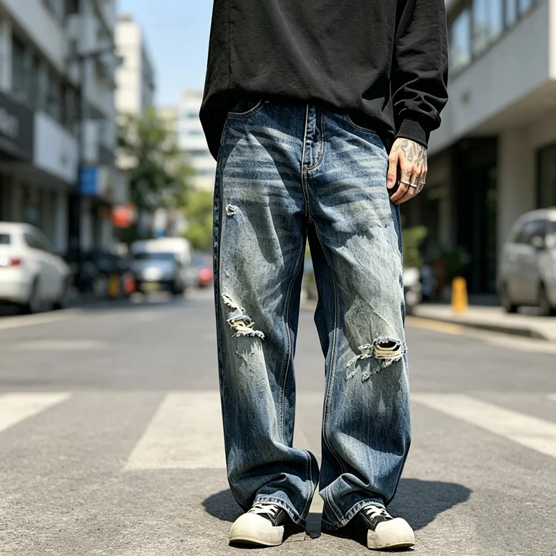 Mens Distressed Washed Ripped Baggy Straight Leg Denim Jeans — image 2