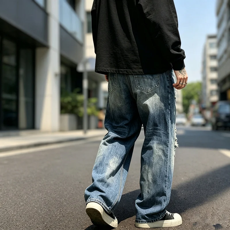Mens Distressed Washed Ripped Baggy Straight Leg Denim Jeans — image 3